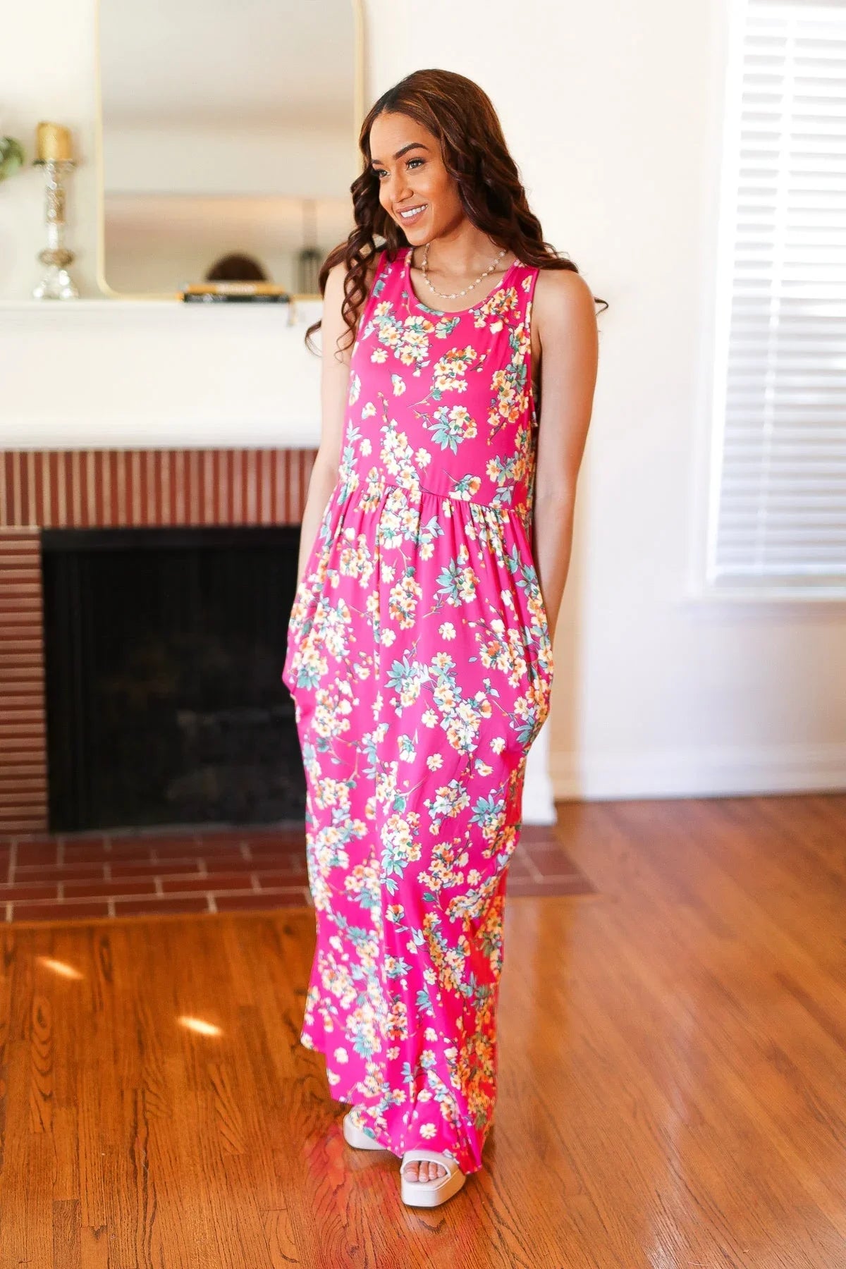 Pink Floral Print Fit and Flare Sleeveless Maxi Dress | Daverri Fashions