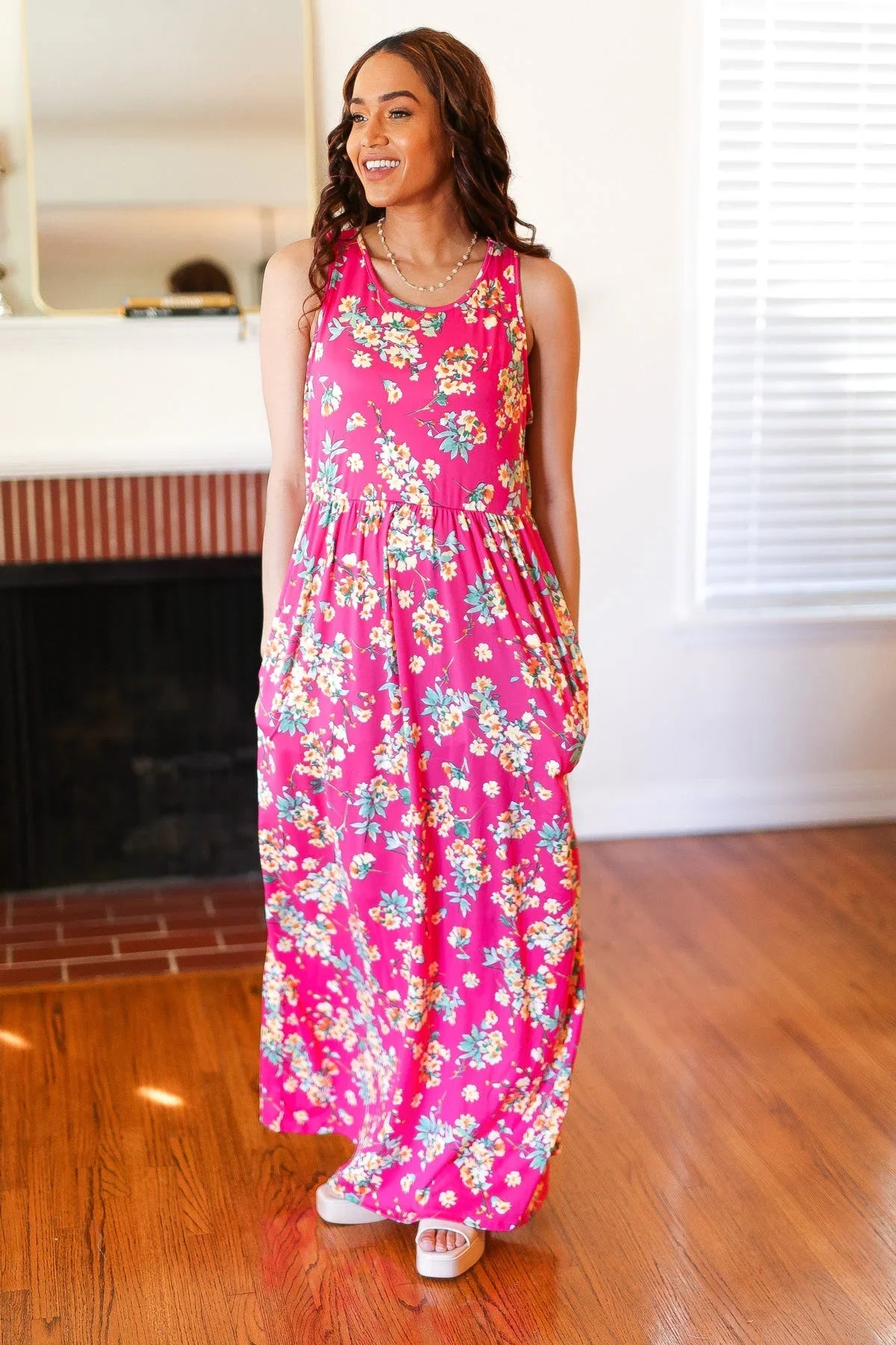 Pink Floral Print Fit and Flare Sleeveless Maxi Dress | Daverri Fashions