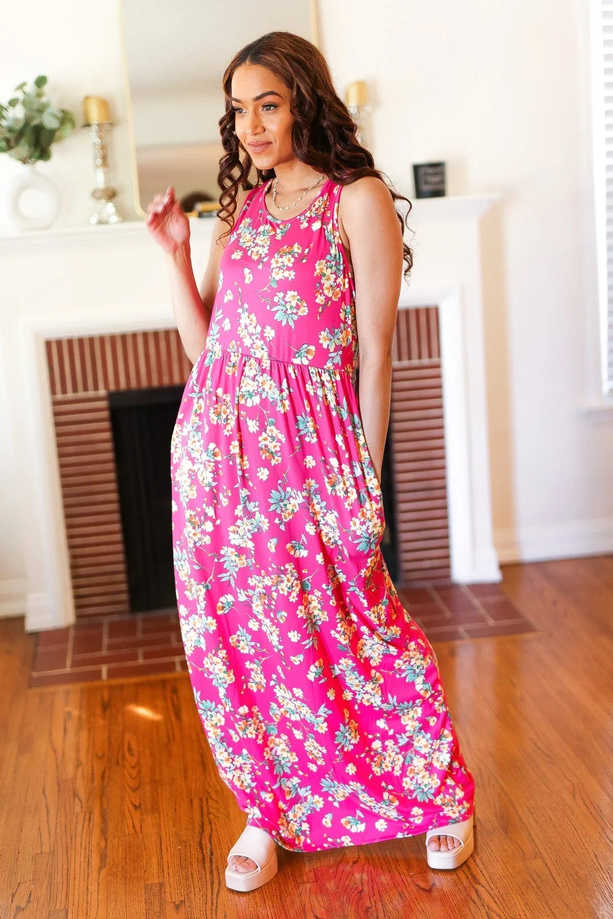 Pink Floral Print Fit and Flare Sleeveless Maxi Dress | Daverri Fashions