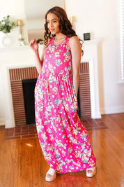 Pink Floral Print Fit and Flare Sleeveless Maxi Dress | Daverri Fashions