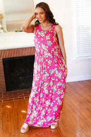 Pink Floral Print Fit and Flare Sleeveless Maxi Dress | Daverri Fashions