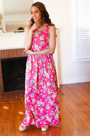 Pink Floral Print Fit and Flare Sleeveless Maxi Dress | Daverri Fashions