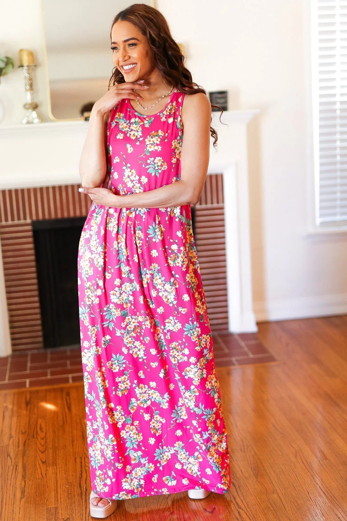 Pink Floral Print Fit and Flare Sleeveless Maxi Dress | Daverri Fashions