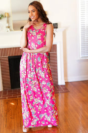 Pink Floral Print Fit and Flare Sleeveless Maxi Dress | Daverri Fashions