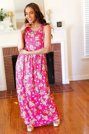 Pink Floral Print Fit and Flare Sleeveless Maxi Dress | Daverri Fashions