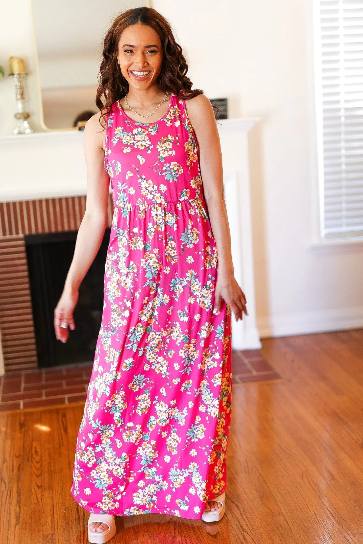 Pink Floral Print Fit and Flare Sleeveless Maxi Dress | Daverri Fashions