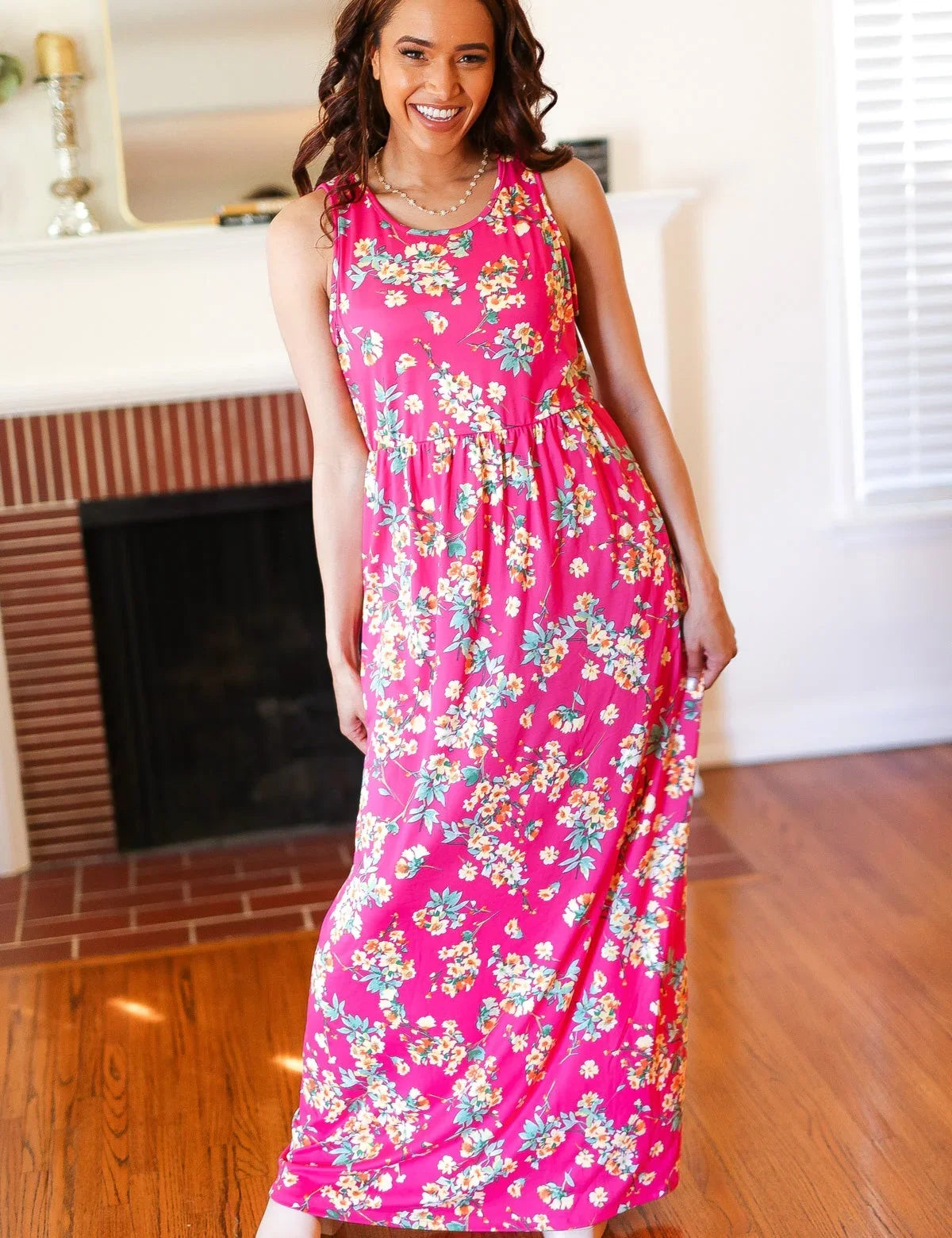 Pink Floral Print Fit and Flare Sleeveless Maxi Dress | Daverri Fashions