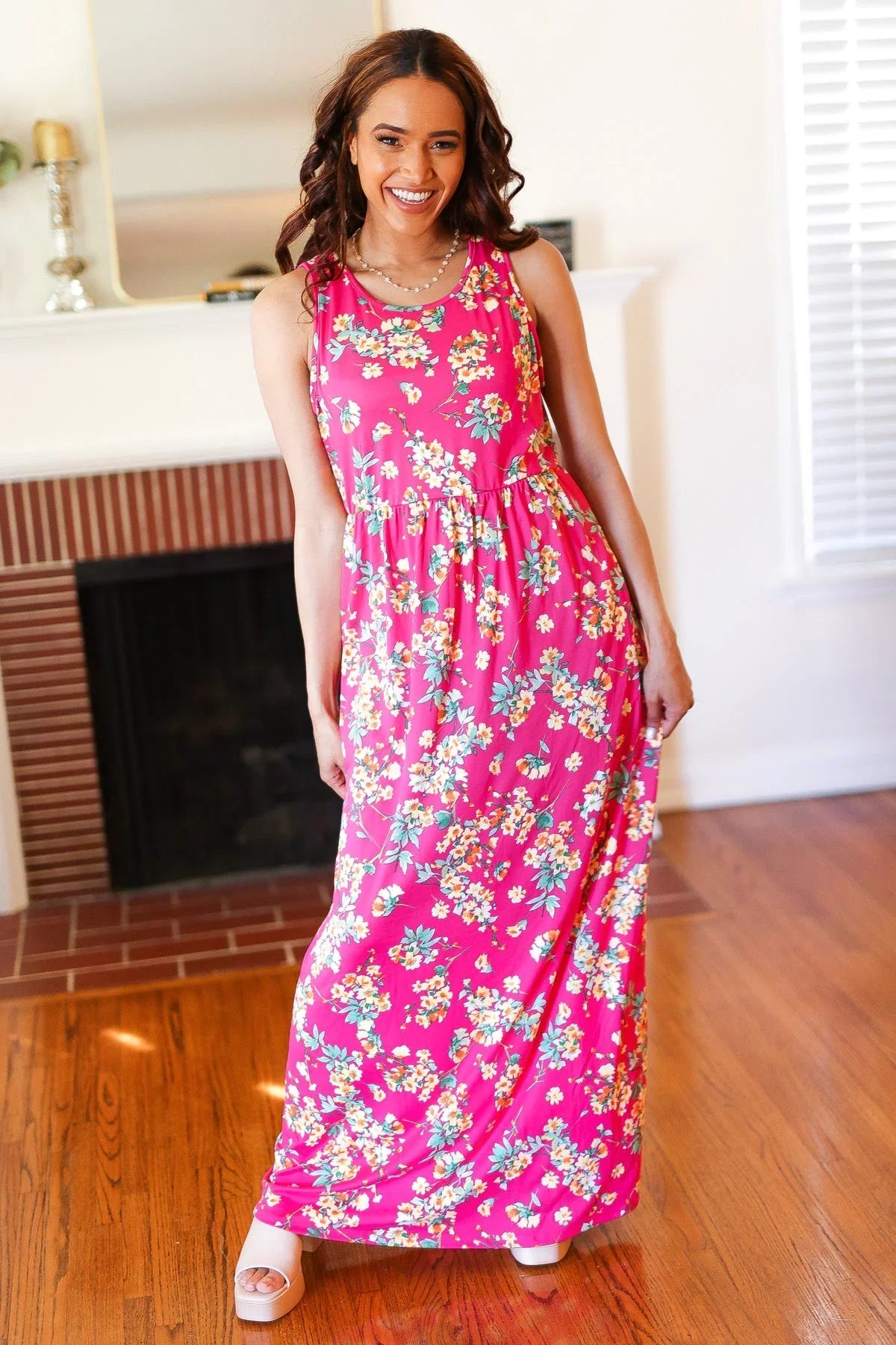 Pink Floral Print Fit and Flare Sleeveless Maxi Dress | Daverri Fashions
