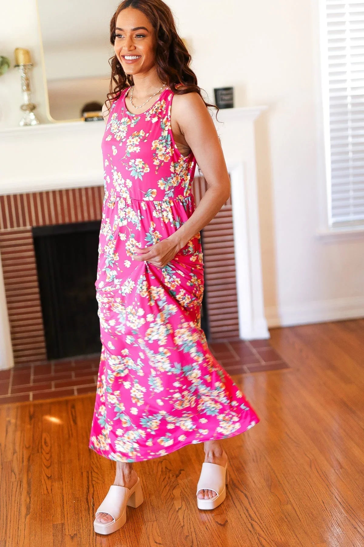 Pink Floral Print Fit and Flare Sleeveless Maxi Dress | Daverri Fashions