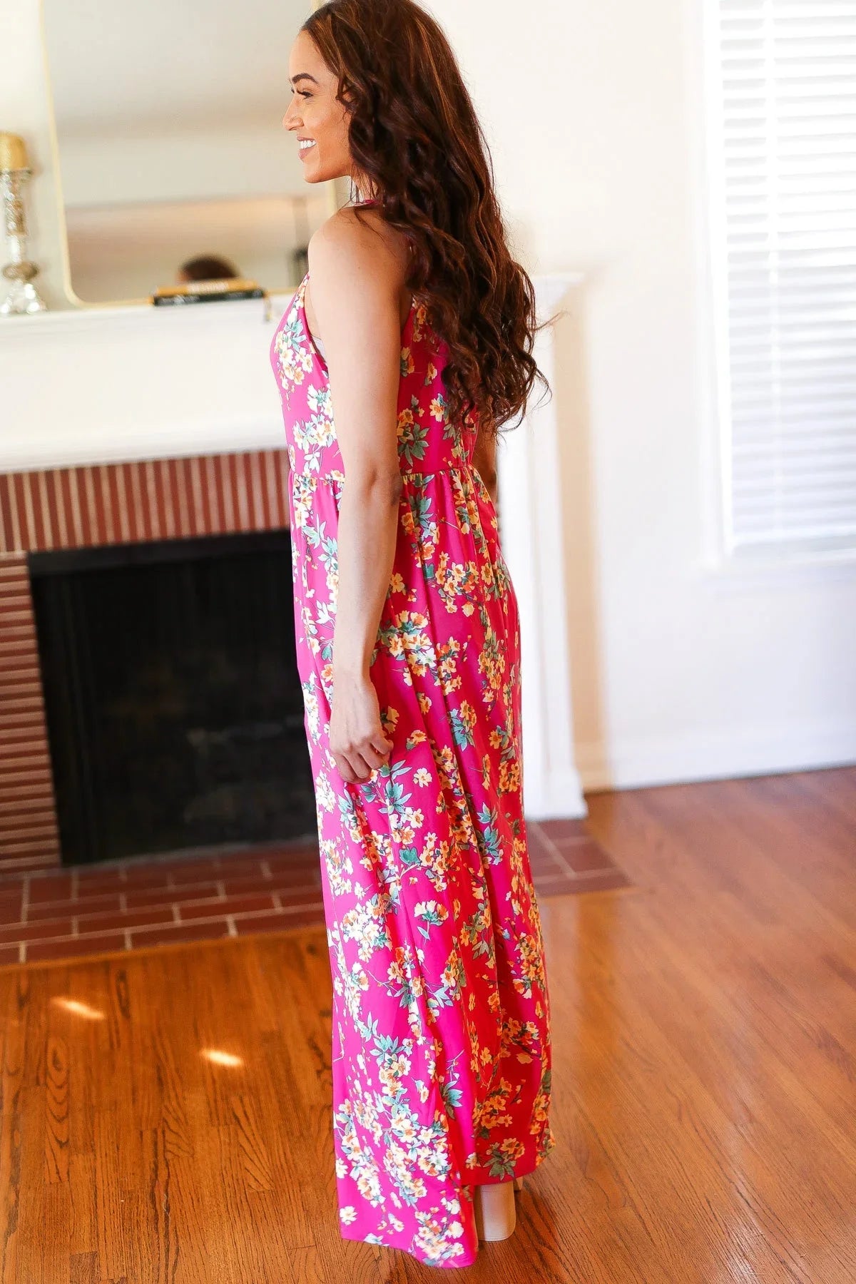 Pink Floral Print Fit and Flare Sleeveless Maxi Dress | Daverri Fashions