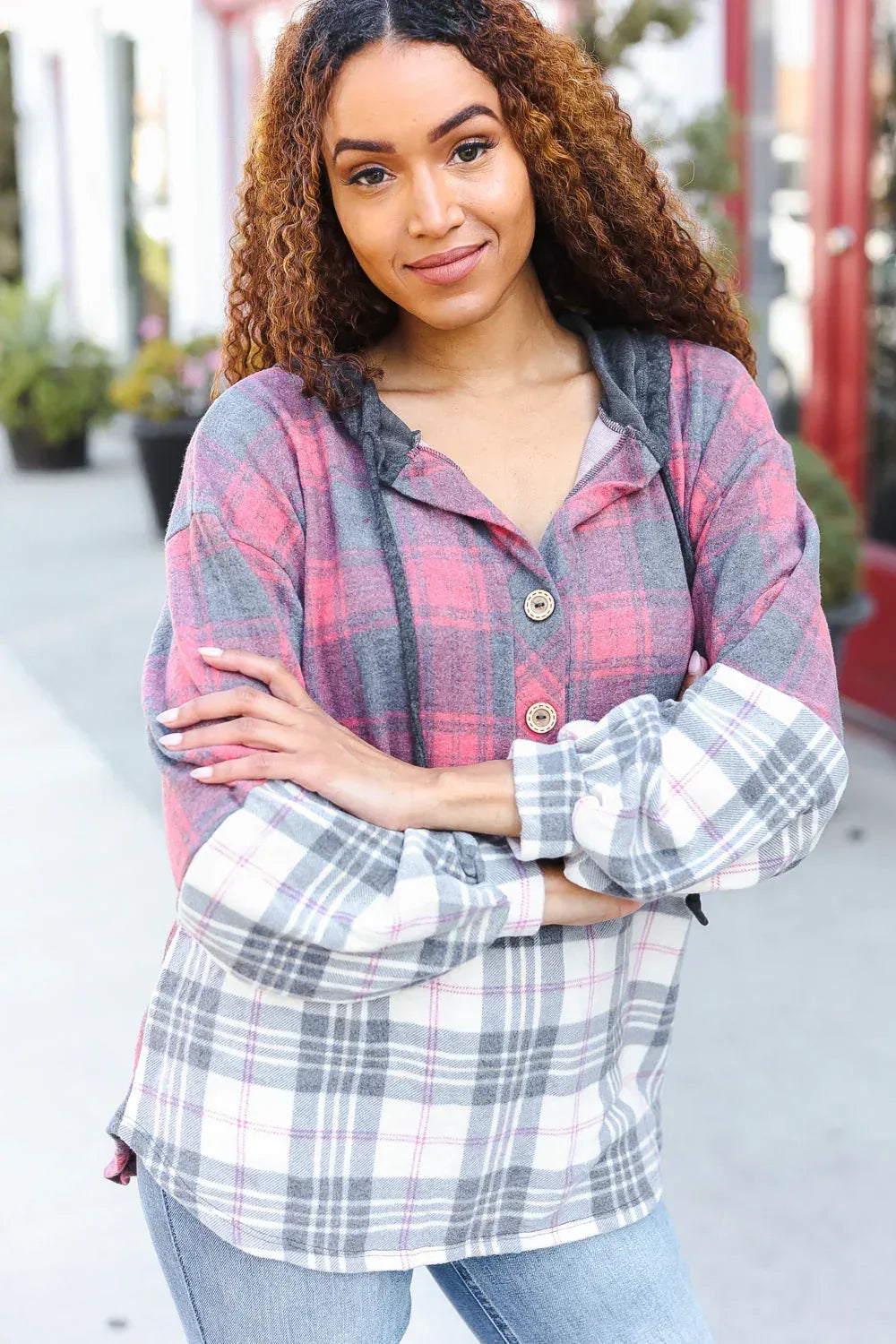 Bibi Plaid Hacci Color Block Hoodie - DAVERRI FASHIONS