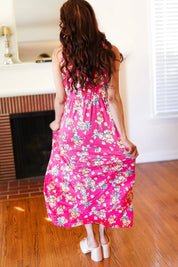 Pink Floral Print Fit and Flare Sleeveless Maxi Dress | Daverri Fashions