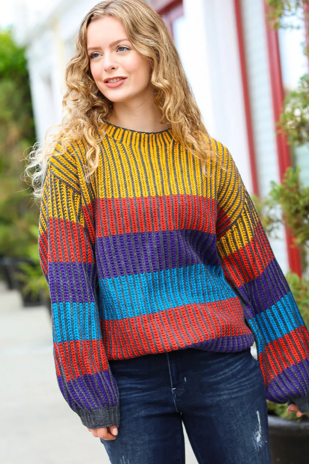 Take All of Me Mustard & Cerulean Stripe Oversized Sweater | Daverri Fashions