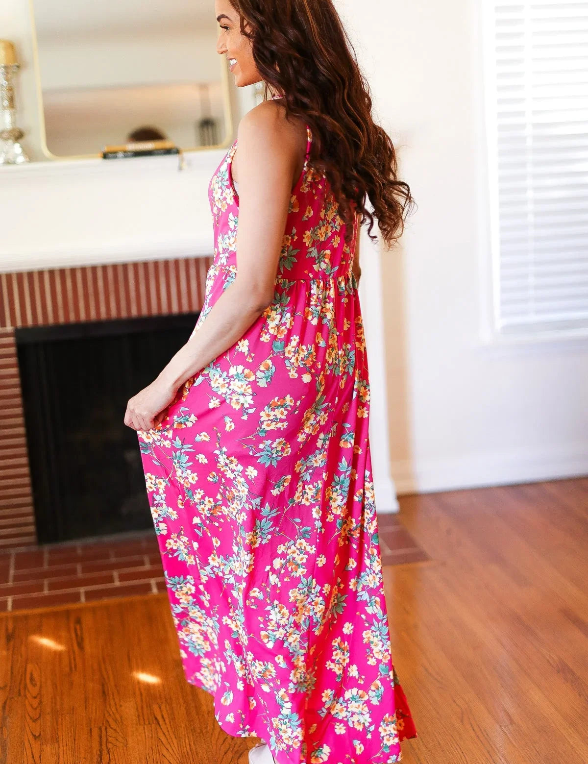 Pink Floral Print Fit and Flare Sleeveless Maxi Dress | Daverri Fashions