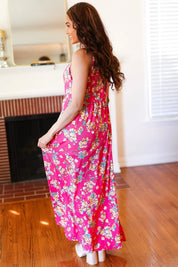 Pink Floral Print Fit and Flare Sleeveless Maxi Dress | Daverri Fashions