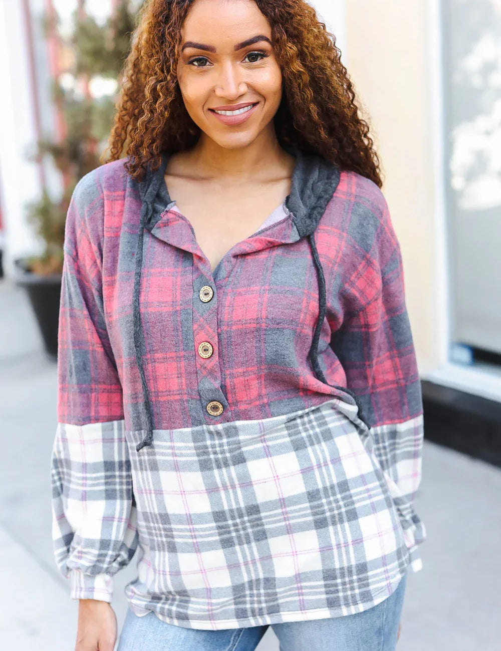 Pretty in Plaid Brushed Hacci Color Block Hoodie | Daverri Fashions
