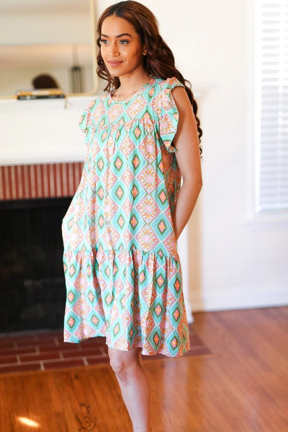 Mint Geo Boho Print Yoke Poplin Woven Dress | Daverri Fashions