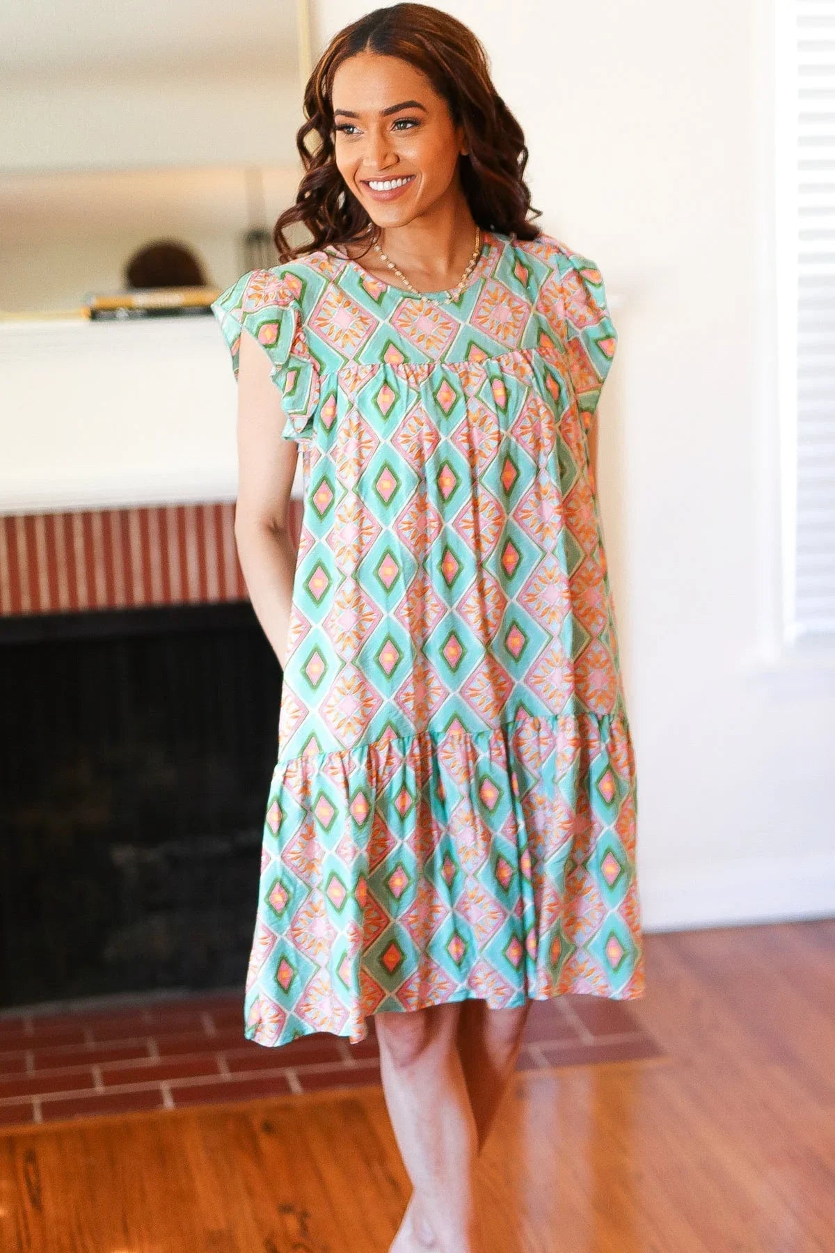 Mint Geo Boho Print Yoke Poplin Woven Dress | Daverri Fashions