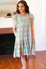 Mint Geo Boho Print Yoke Poplin Woven Dress | Daverri Fashions