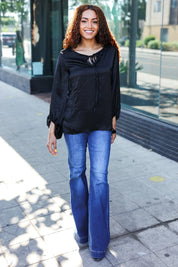 Live For Today Black Woven Front Tie Silky Blouse | Daverri Fashions