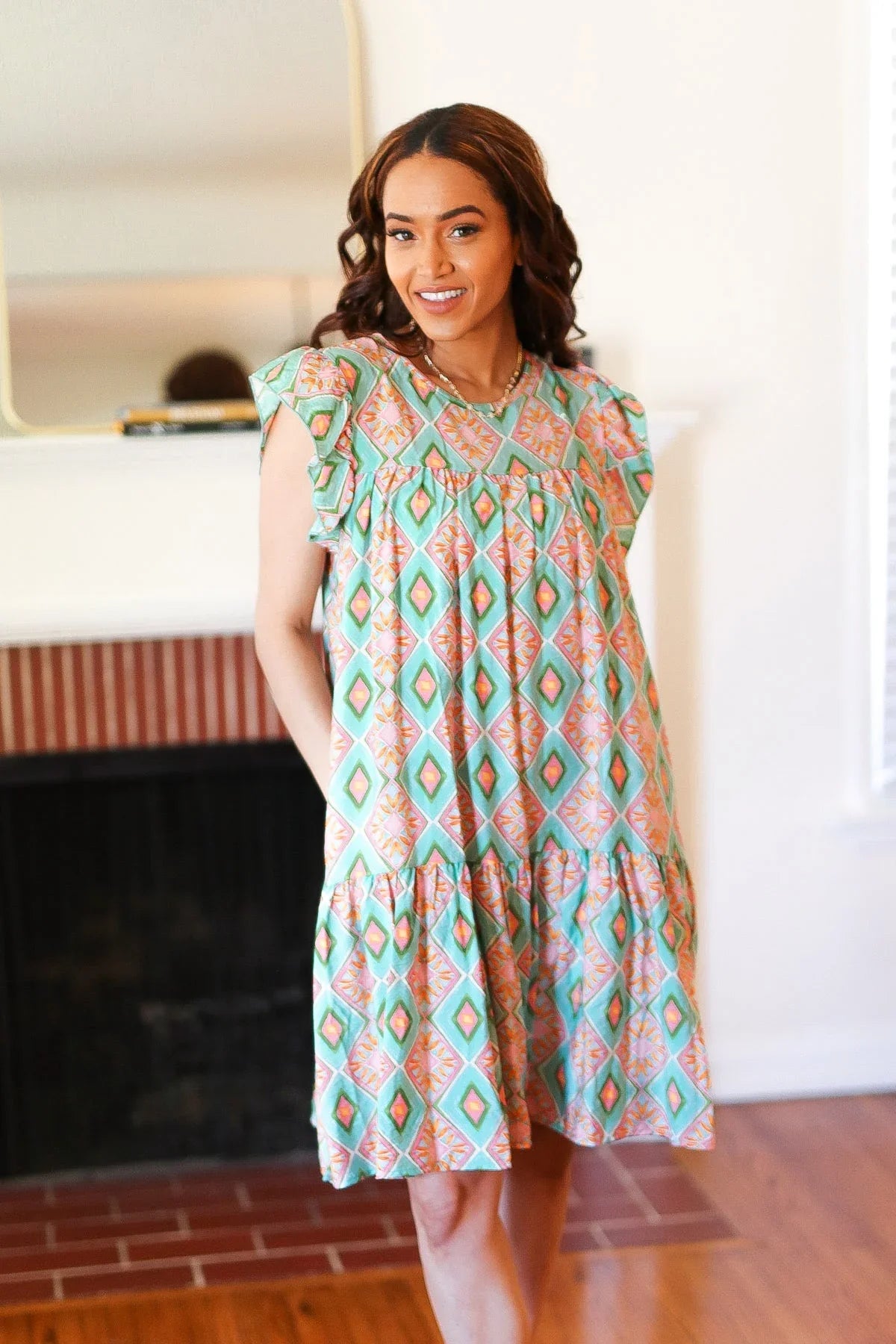 Mint Geo Boho Print Yoke Poplin Woven Dress | Daverri Fashions
