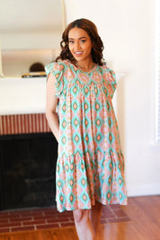 Mint Geo Boho Print Yoke Poplin Woven Dress | Daverri Fashions