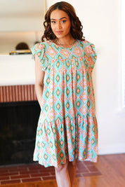 Mint Geo Boho Print Yoke Poplin Woven Dress | Daverri Fashions