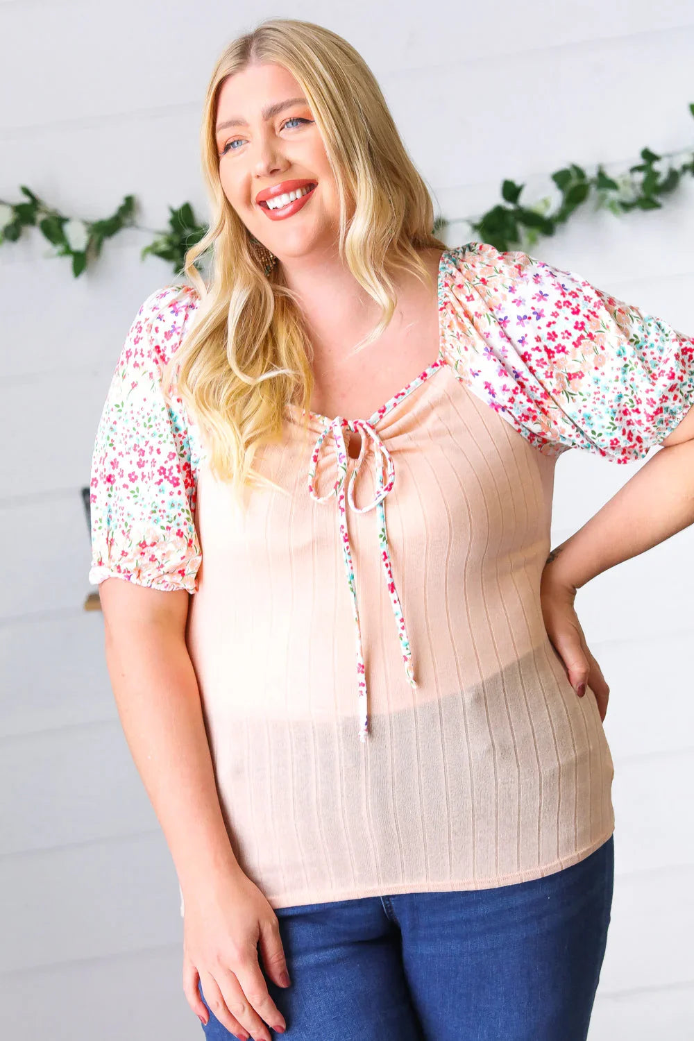 Peach & Floral Tie Neck Bubble Sleeve Top | Daverri Fashions