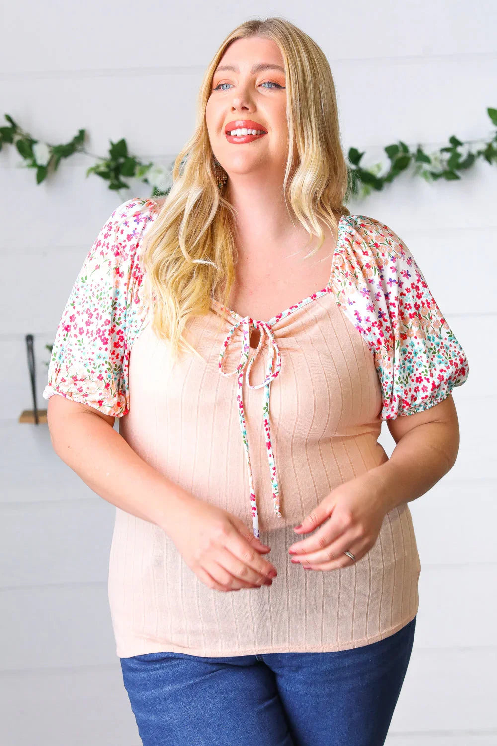 Peach & Floral Tie Neck Bubble Sleeve Top | Daverri Fashions