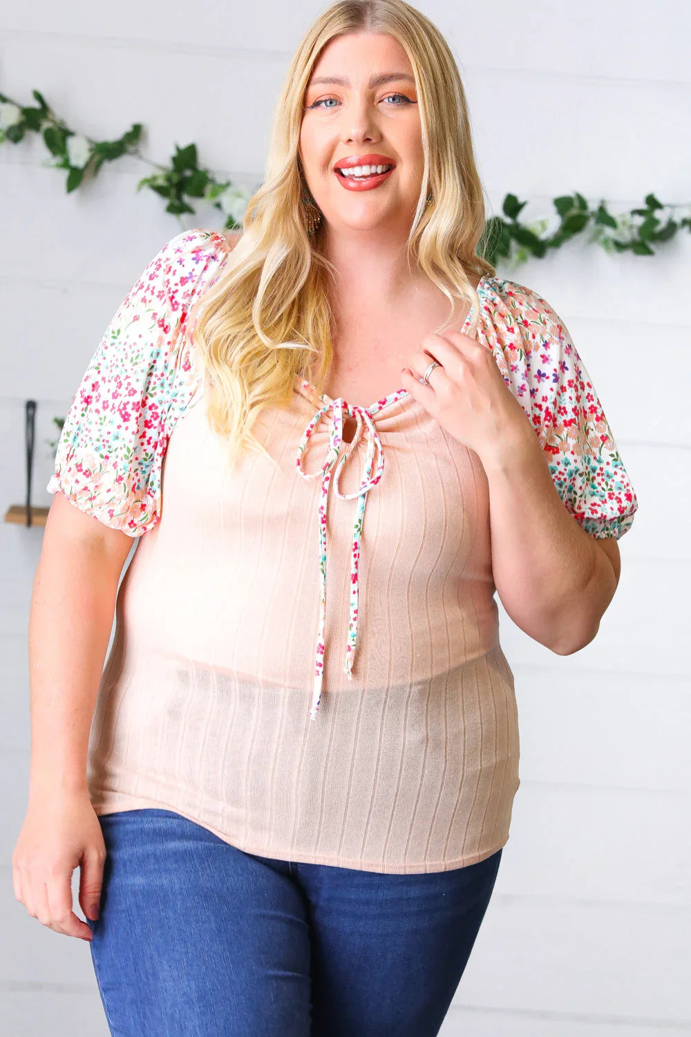 Peach & Floral Tie Neck Bubble Sleeve Top | Daverri Fashions