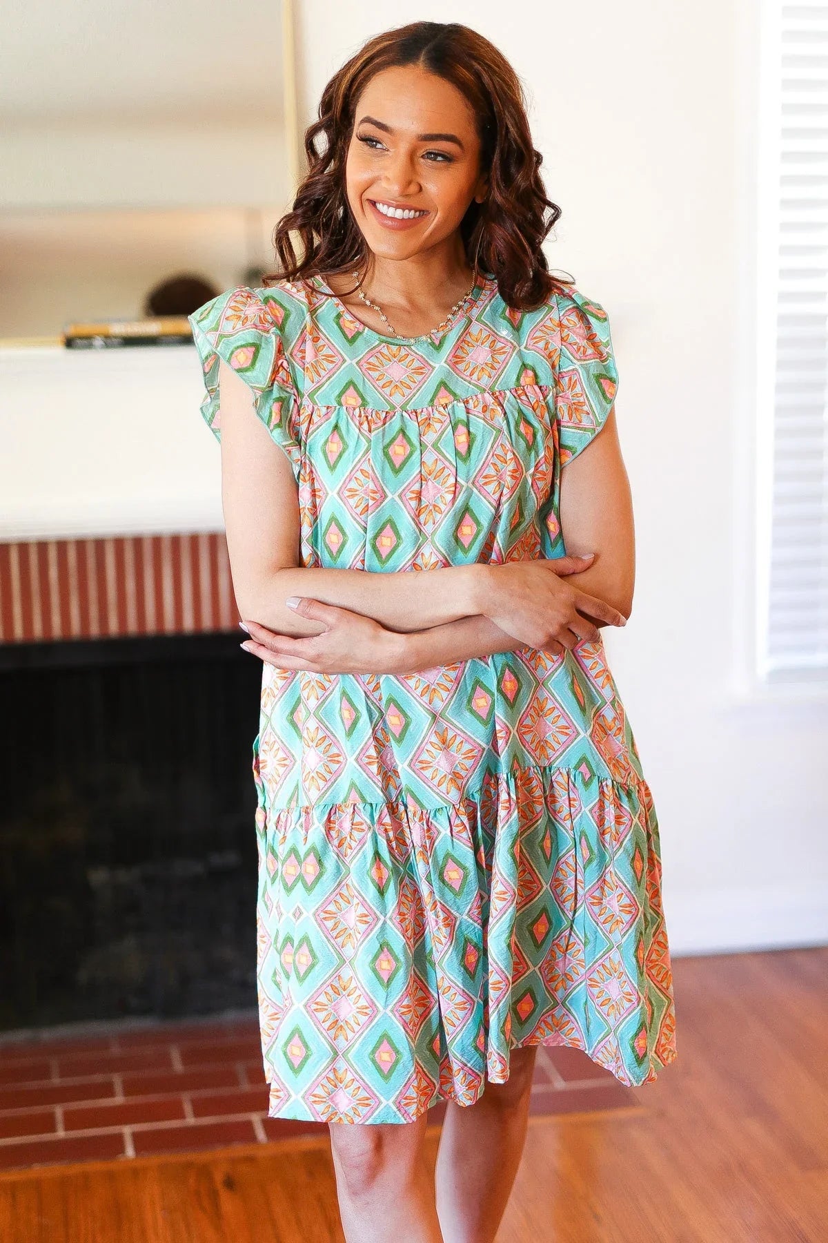 Mint Geo Boho Print Yoke Poplin Woven Dress | Daverri Fashions