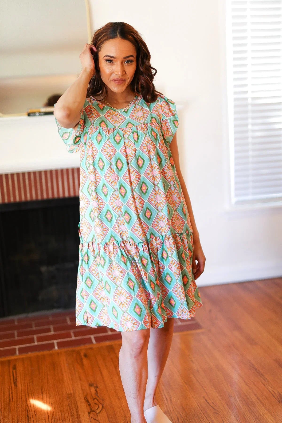 Mint Geo Boho Print Yoke Poplin Woven Dress | Daverri Fashions
