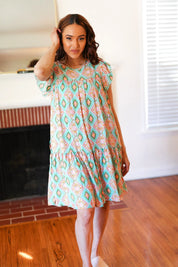 Mint Geo Boho Print Yoke Poplin Woven Dress | Daverri Fashions