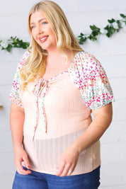 Peach & Floral Tie Neck Bubble Sleeve Top | Daverri Fashions