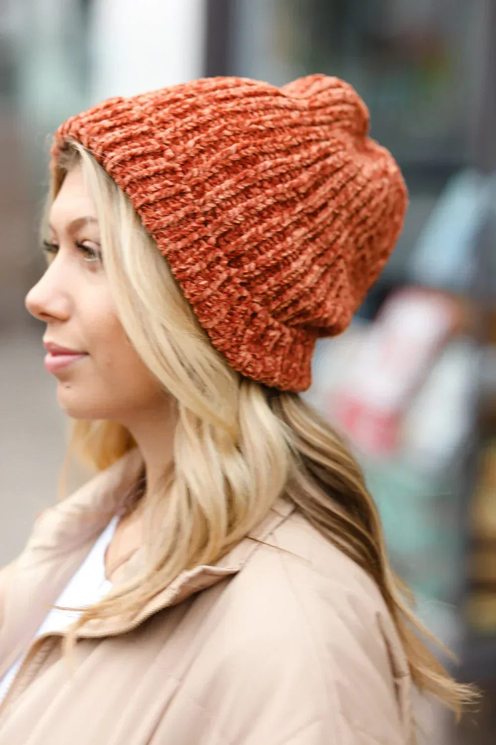 Rust Knit Velvet Chenille Fold Over Beanie - DAVERRI FASHIONS