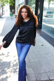 Live For Today Black Woven Front Tie Silky Blouse | Daverri Fashions