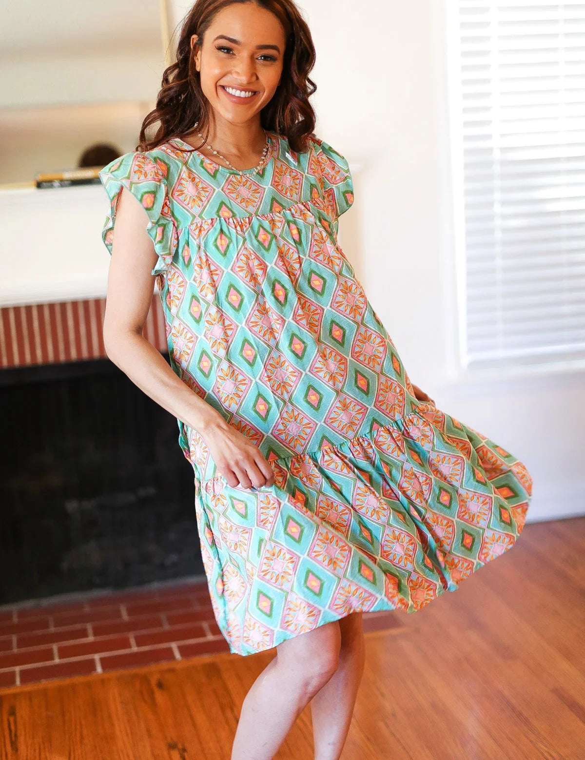 Mint Geo Boho Print Yoke Poplin Woven Dress | Daverri Fashions