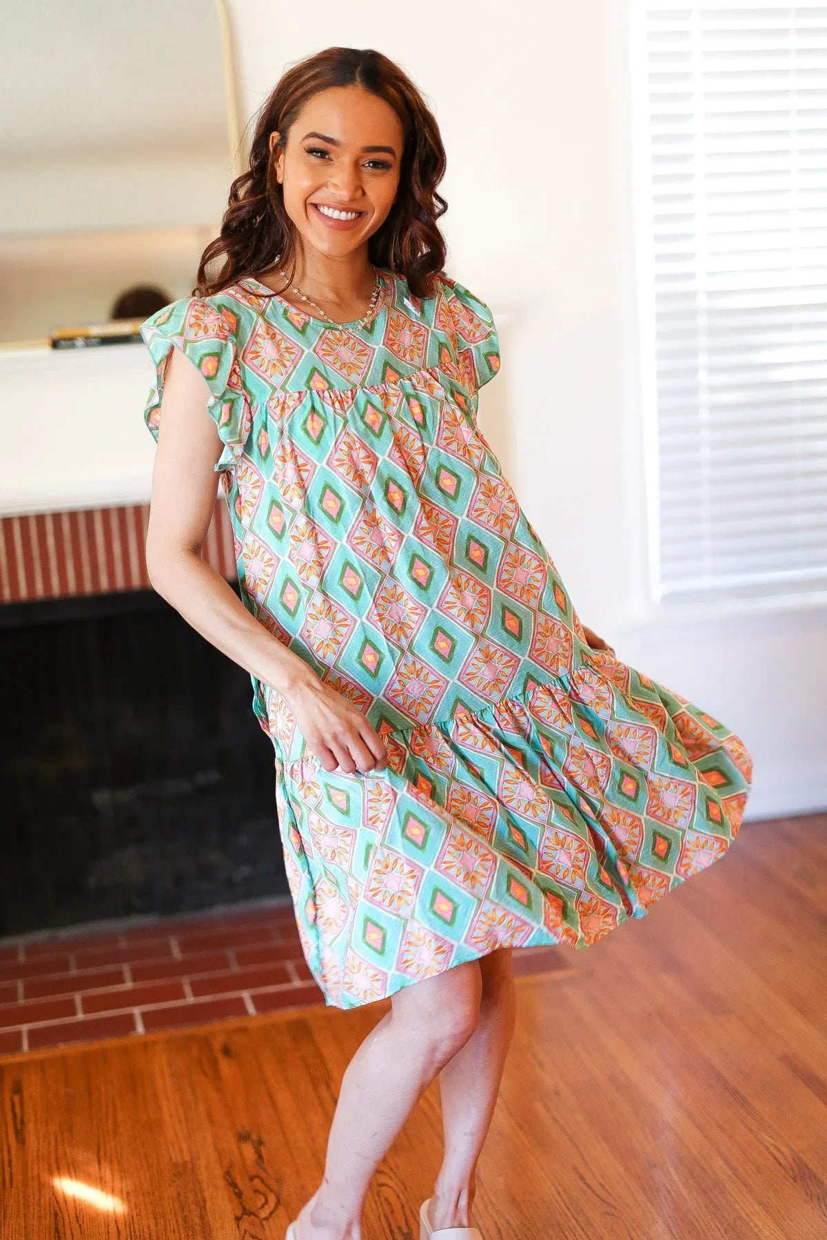 Mint Geo Boho Print Yoke Poplin Woven Dress | Daverri Fashions