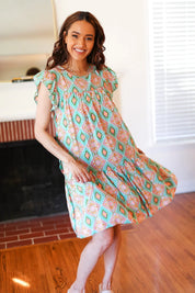 Mint Geo Boho Print Yoke Poplin Woven Dress | Daverri Fashions