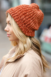 Rust Knit Velvet Chenille Fold Over Beanie | 2024 Blow-Out Sale Daverri Fashions