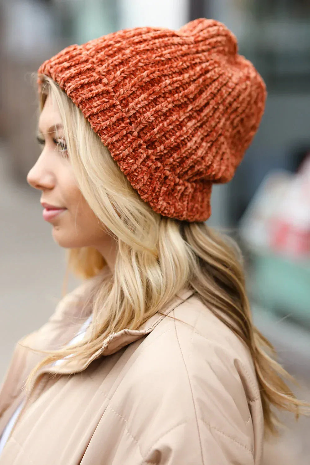 Rust Knit Velvet Chenille Fold Over Beanie - DAVERRI FASHIONS
