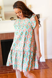 Mint Geo Boho Print Yoke Poplin Woven Dress | Daverri Fashions