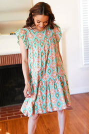 Mint Geo Boho Print Yoke Poplin Woven Dress | Daverri Fashions