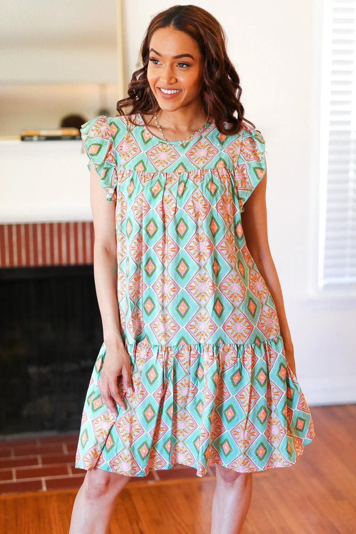 Mint Geo Boho Print Yoke Poplin Woven Dress | Daverri Fashions