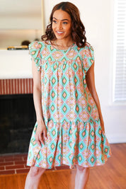 Mint Geo Boho Print Yoke Poplin Woven Dress | Daverri Fashions