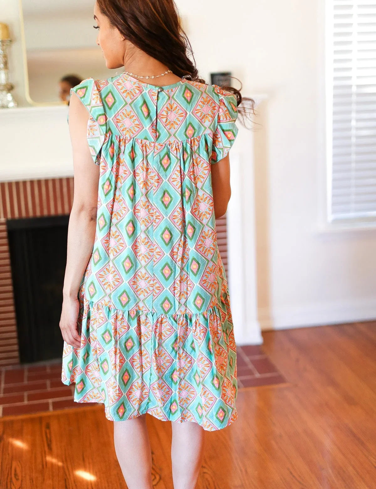 Mint Geo Boho Print Yoke Poplin Woven Dress | Daverri Fashions