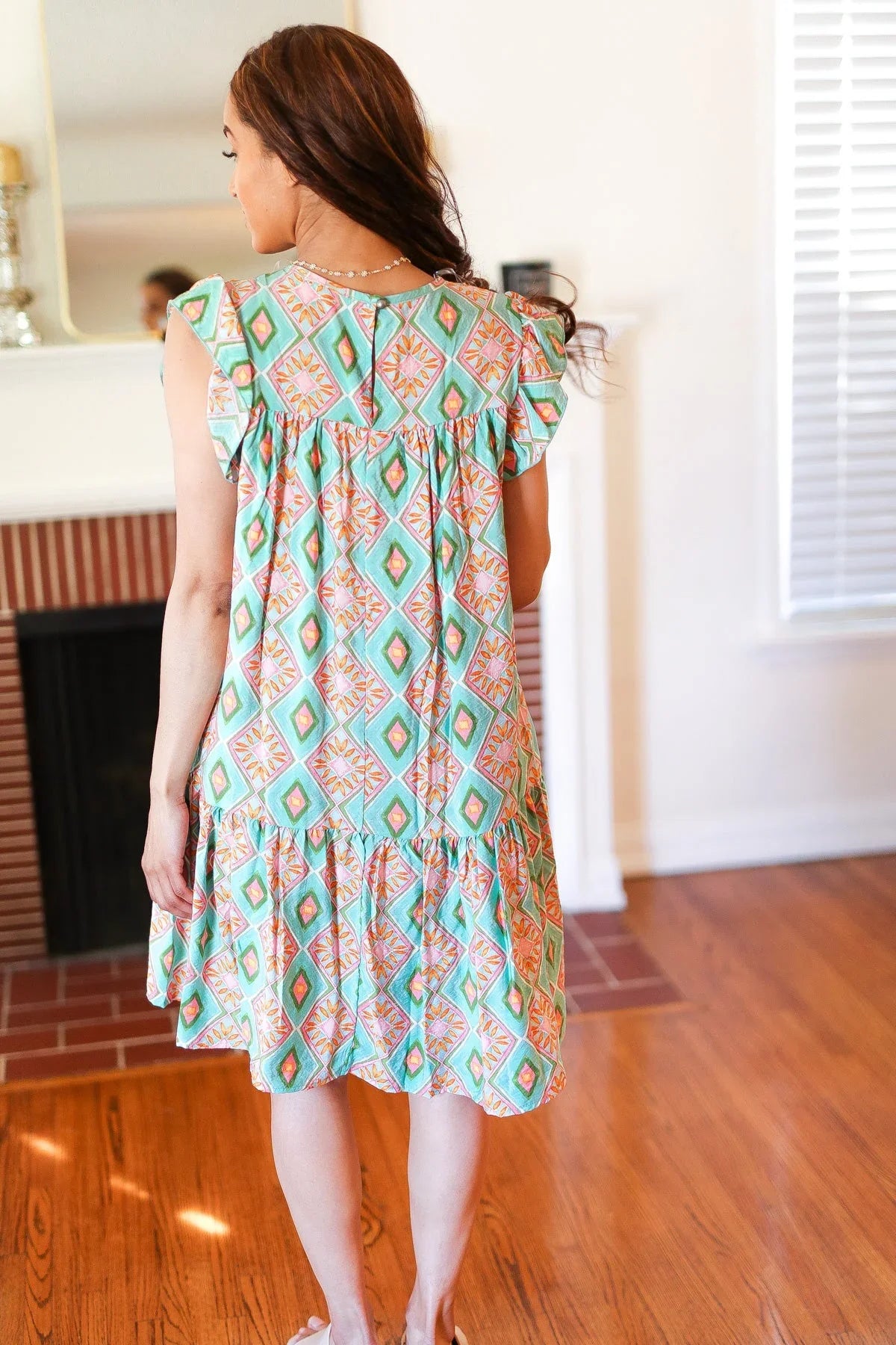 Mint Geo Boho Print Yoke Poplin Woven Dress | Daverri Fashions
