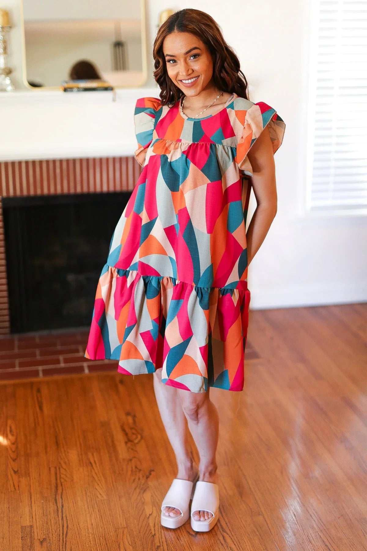 Stand Out Magenta & Teal Geometric Yoke Woven Dress | Daverri Fashions