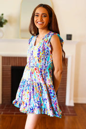 Just for Fun Aqua Floral V Neck Ruffle Sleeve & Hem Dress | Daverri Fashions