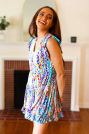 Just for Fun Aqua Floral V Neck Ruffle Sleeve & Hem Dress | Daverri Fashions